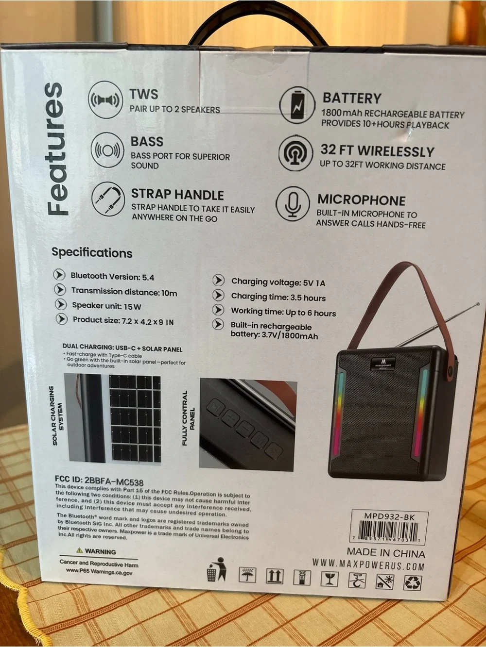 Maxpower Solar Beat Bluetooth Speaker with RGB Light Strips - Black